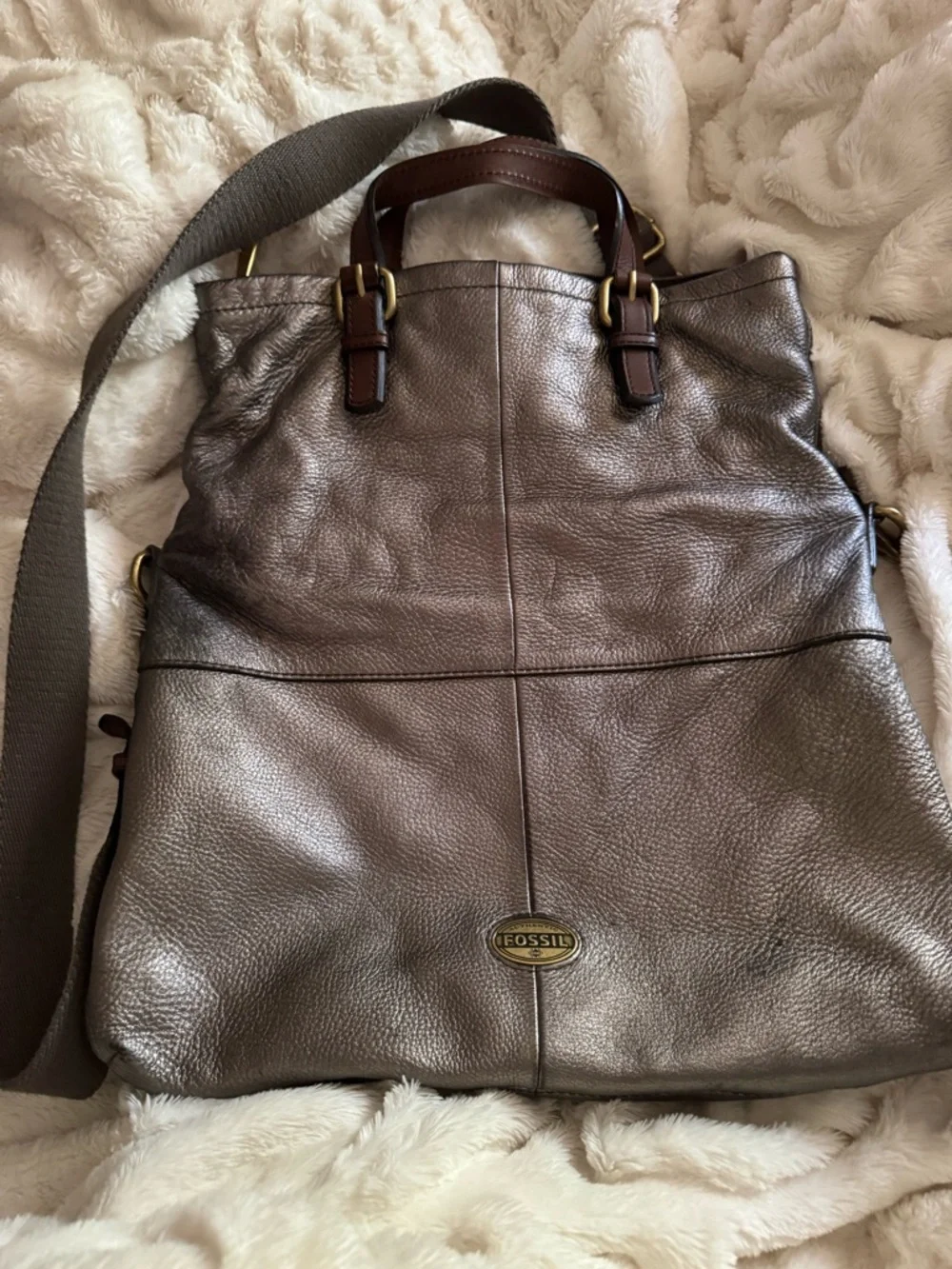 Fossil Metallic Brown Leather Briefcase Tote